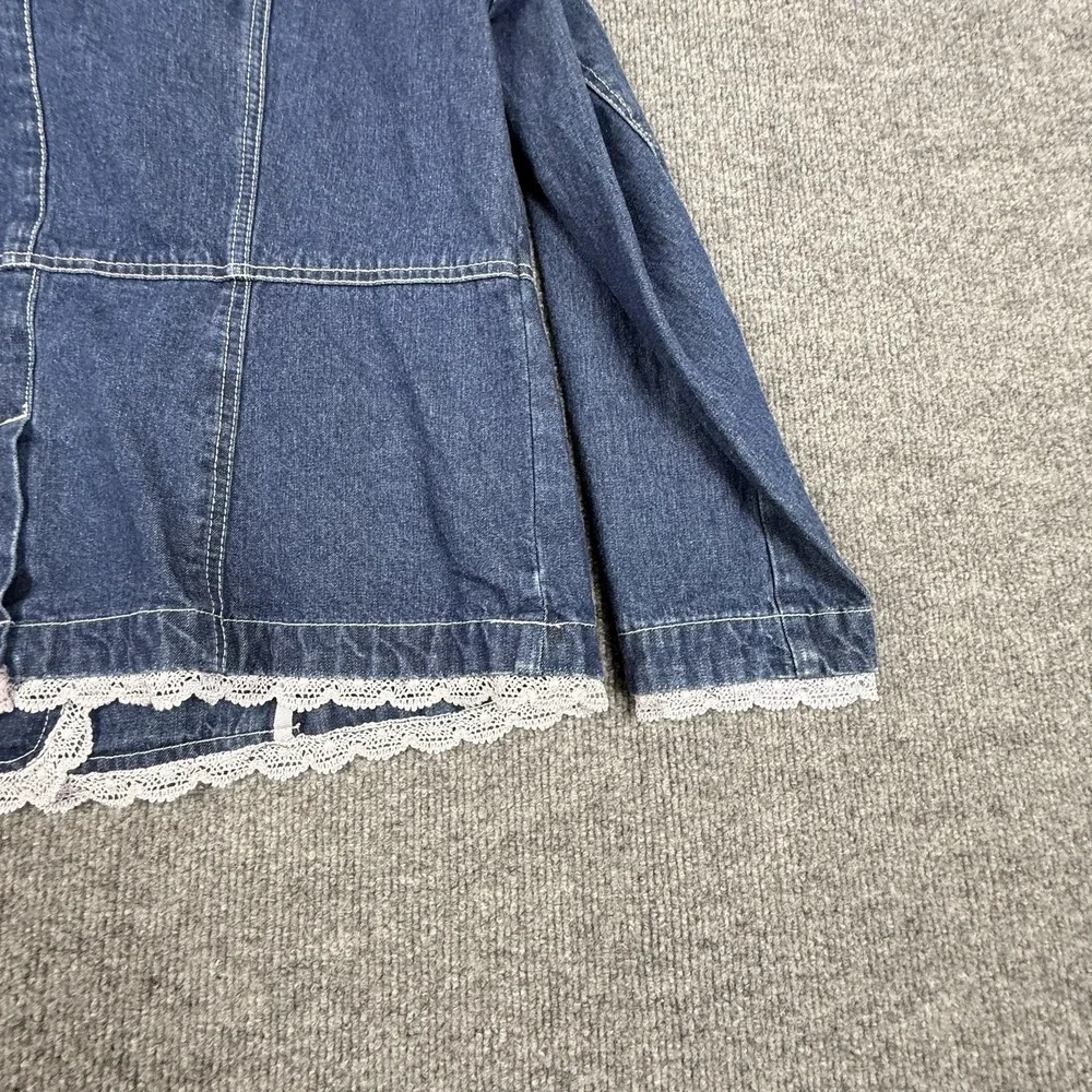 Denim & Co. Blazer Jacket Womens Medium Blue Denim Lace Trim Button Front Boho - Picture 12 of 15